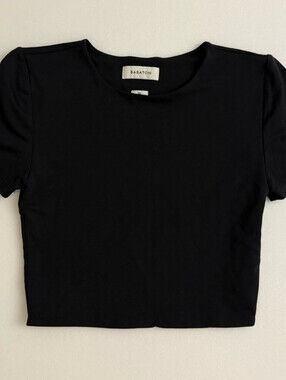 Babaton Black Cropped T-Shirt XS Short Sleeve Round Neck Pullover Solid
